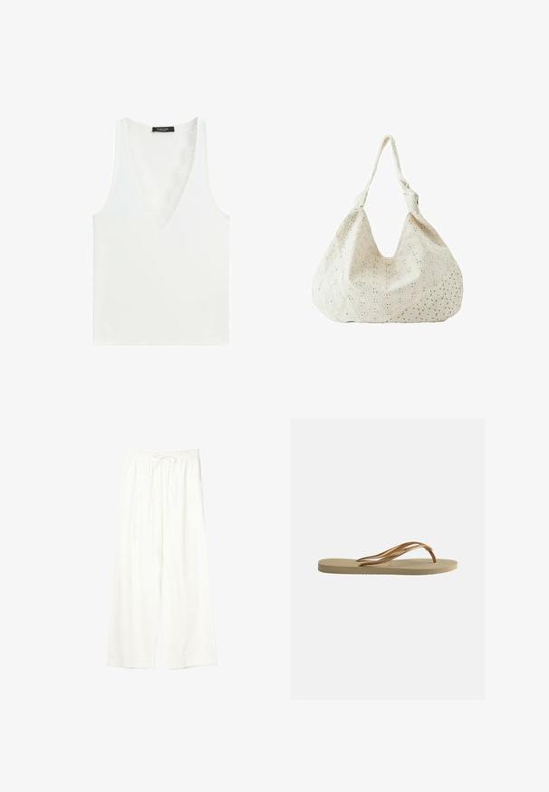 Witte mouwloze geribbelde top met diepe V-hals afgewerkt met kant, merklabel zichtbaar bij de halslijn.; Witte wijde broek met elastische tailleband en trekkoord, gemaakt van lichtgewicht stof.; Beige teenslipper met gestructureerde zool en bronzen metalen Y-vormige banden op een witte effen achtergrond.; Crèmekleurige stoffen schoudertas met oogjesbloemenborduursel en een enkele zachte band.