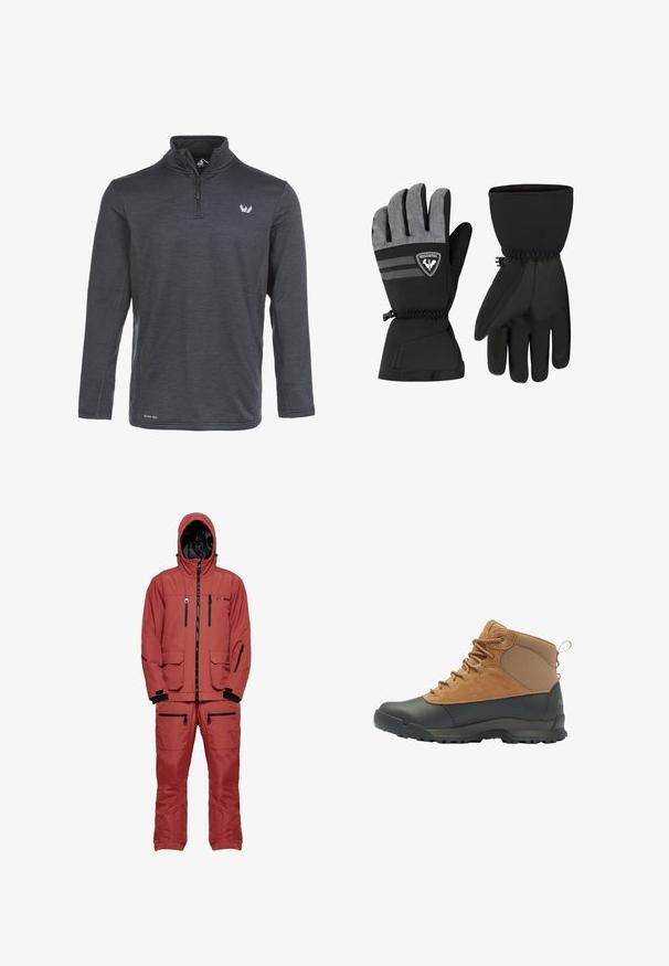 Mørk grå kvart-zip pullover med lange ærmer, tekstureret stof og et lille hvidt logo på venstre bryst. Har fladlock sømme.; Rød vandtæt skijakke med hætte, der har sorte lynlåse og detaljer, flere lommer og et tekstureret stof til isolering.; Sorel Snørestøvletter - elk black; Sorte vinterhandsker med en grå tekstureret underside, der har et logo, elastiske manchetter og forstærkede områder for greb og varme.