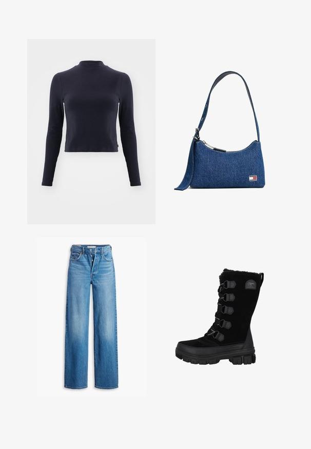 Marine langærmet crop top med høj hals. Lavet af blødt stof, har fitted design, diskret syninger og ingen synlige mønstre eller detaljer.; Blå denimjeans med høj talje, vidde ben og fem lomme-design. Har en knaplukning og en falmet finish.; Sorte vandtætte vinterstøvler med overdel i ruskind, pelskrave og gummisål. Har snørebåndsdesign med hexagonale snørehuller og logo-patch.; Blå denim skuldertaske med en buet form, en lynlåslukning og en skulderrem. Har et lille brandlogo-patch på forsiden.
