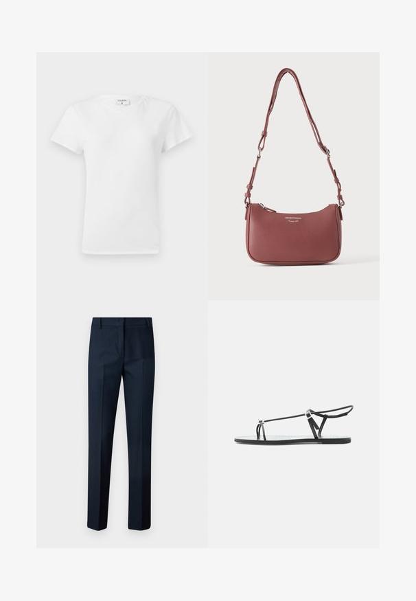 T-shirt en coton blanc avec un col rond et des manches courtes, présentant une coupe décontractée et un design minimaliste. Étiquette visible au niveau du cou.; Pantalons habillés navy en tissu lisse, présentant une coupe droite, un devant plat et sans poches ni embellissements visibles.; Sandale plate noire avec fines lanières, une boucle pour les orteils et une boucle de cheville ajustable sur un fond gris clair.; Petit sac à bandoulière en cuir mauve texturé avec sangle réglable et fermeture éclair argentée, arborant le logo Emporio Armani Milano 1981 sur le devant.