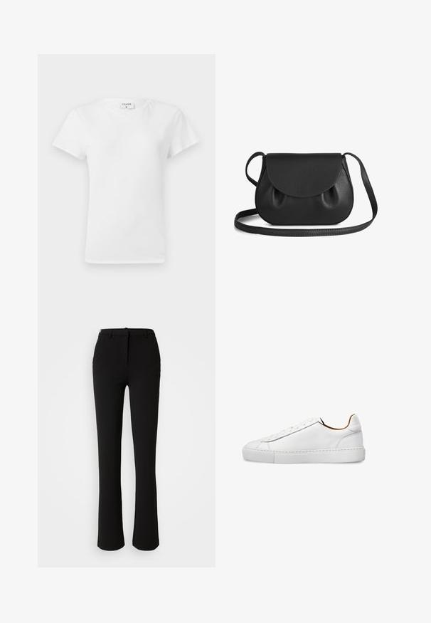 Hvid bomulds t-shirt med rund hals og korte ærmer, præsenteret i et afslappet fit og minimalistisk design. Etiketten er synlig ved halsen.; Sorte bukser lavet af et glat stof, med et lige ben design, frontlommer og en standard talje med en bæltestrop.; Hvid lavtop lædersneaker med rent design, rund tå og flad gummisål vist i profil.; Sort læder crossbody taske med en rund form, der har en klaplukning og bløde, samlede detaljer. Justerbar rem for bekvemmelighed.