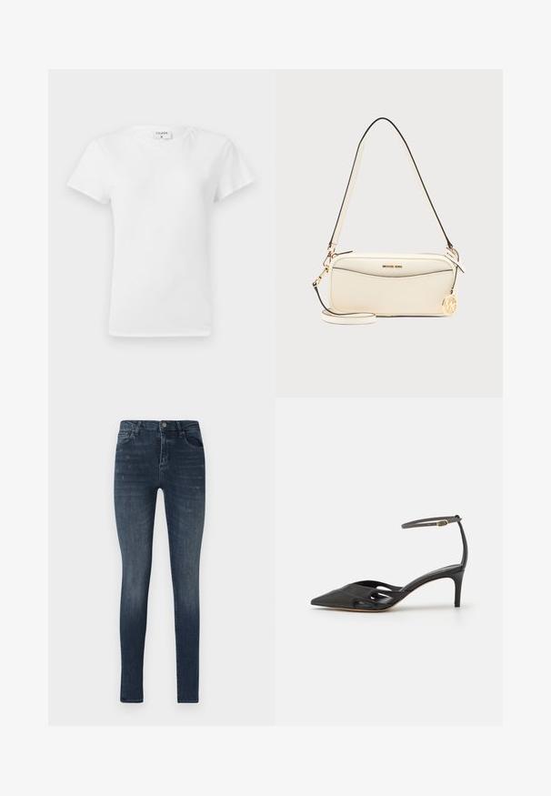 Hvid bomulds t-shirt med rund hals og korte ærmer, præsenteret i et afslappet fit og minimalistisk design. Etiketten er synlig ved halsen.; Slanke denim jeans i mørkeblå, med fem lomme-design, let slidser og en knaplukning i taljen.; Sort læder højhælet sko med spids tå, åbne sider og en tynd ankelrem med en lille guld detalje.; Skuldertaske i cremefarve fra Michael Kors med guldfarvet logo-vedhæng, lynlåslukning og justerbar rem på ensfarvet baggrund.