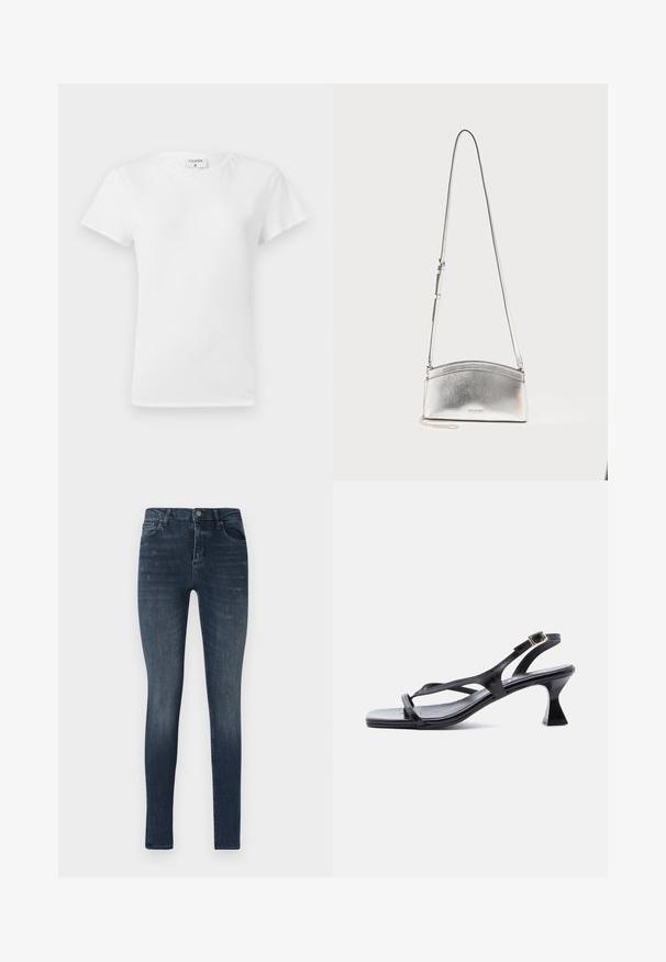 Hvid bomulds t-shirt med rund hals og korte ærmer, præsenteret i et afslappet fit og minimalistisk design. Etiketten er synlig ved halsen.; Slanke denim jeans i mørkeblå, med fem lomme-design, let slidser og en knaplukning i taljen.; Sort lædersandal til kvinder med tynde stropper, firkantet tå, justerbar ankelrem og udvidet mellemhøj hæl.; Sølvmetallic crossbody-taske med justerbar rem og diskret logo foran mod en ensartet lys baggrund.