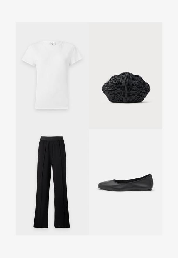 T-shirt en coton blanc avec un col rond et des manches courtes, présentant une coupe décontractée et un design minimaliste. Étiquette visible au niveau du cou.; Pantalons larges noirs en tissu lisse avec une taille élastique. Présente des plis pour plus de volume et de fluidité, sans motifs ni accents visibles.; Ballerines en cuir noir avec un bout rond, texture lisse, détails de couture minimalistes et design de semelle flexible.; Sac à main en osier noir en forme de coquille Saint-Jacques avec un dessus courbé et une texture tressée sur un fond uni.