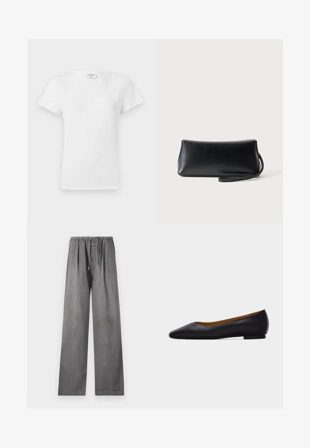 T-shirt en coton blanc avec un col rond et des manches courtes, présentant une coupe décontractée et un design minimaliste. Étiquette visible au niveau du cou.; CLOSED WYNSTON - Pantalon classique - led grey; Chaussure plate en cuir noir à bout pointu avec talon bas et finition lisse, vue de côté sur un fond gris clair.; Pochette en cuir noir lisse avec une fine lanière de poignet, forme rectangulaire, et logo embossé subtil centré sur le devant.
