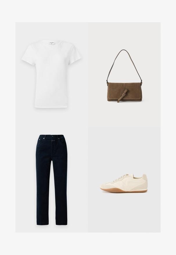 T-shirt en coton blanc avec un col rond et des manches courtes, présentant une coupe décontractée et un design minimaliste. Étiquette visible au niveau du cou.; Pantalons en velours côtelé bleu marine avec une coupe droite, dotés de poches avant, d'une fermeture éclair et de boutons en métal sur la taille.; Baskets beige clair avec une tige en cuir texturé, des panneaux latéraux texturés et une semelle en caoutchouc. Dotées d'un design fin et épuré ainsi que de lacets plats.; Sac à bandoulière en daim marron avec un nœud sur le devant et une couture courbe sur le rabat, équipé d'une bandoulière fine.