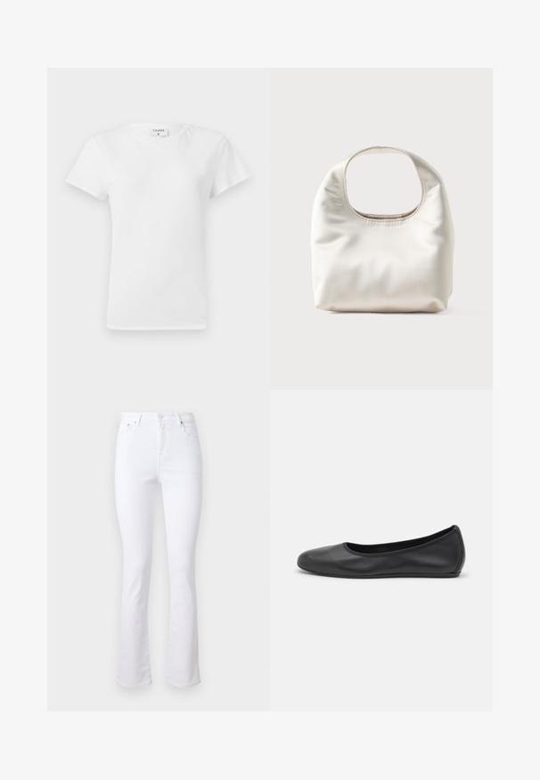 Weißes Baumwoll-T-Shirt mit Rundhalsausschnitt und kurzen Ärmeln, das einen lockeren Sitz und ein minimalistisches Design aufweist. Etikett am Hals sichtbar.; Weiße Denim-Jeans mit weitem Bein, hoher Taille, vier Taschen und einer Knopfverschluss vorne. Sie verfügen über eine glatte Textur und saubere Säume.; Schwarze Leder-Ballettschuhe mit abgerundeter Spitze, glatter Textur, minimalen Nähdetails und einem flexiblen Sohlen-Design.; Weiche weiße Handtasche mit abgerundetem rechteckigem Henkel und schlappem, glattem Material vor hellem Hintergrund.