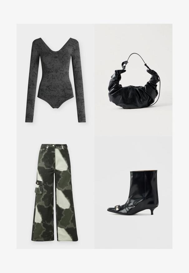 Body de manga larga en gris oscuro con estampado de mármol, escote amplio en forma de U y ajustado.; Pantalones cargo de pierna ancha en un patrón de camuflaje gris claro y verde oscuro. Presentan un bolsillo lateral y un botón de metal, fabricados en un material de algodón duradero.; Bota de cuero negro para el tobillo con punta puntiaguda, tacón bajo tipo aguja y hebilla decorativa plateada en el lateral cerca de la punta.; Bolso de mano de cuero sintético negro con un diseño suave y recogido, y un asa flexible, que destaca por su textura lisa y un sutil brillo.