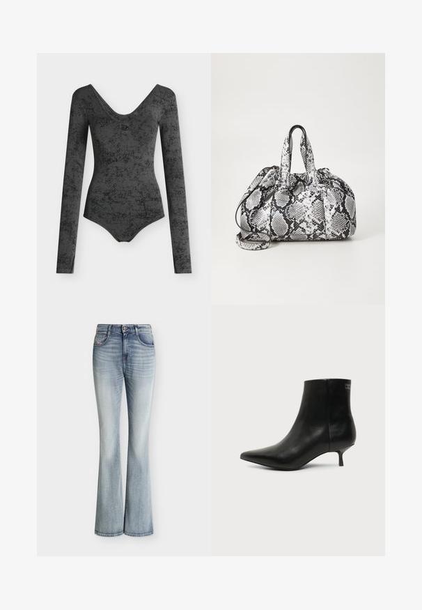 Body à manches longues gris foncé à motif marbré avec un large décolleté rond et une coupe ajustée.; Jean en denim bleu clair taille haute avec une légère évasement en bas et des détails délavés sur le devant des cuisses.; Bottine en cuir noir avec bout pointu et petit talon kitten sur fond clair, vue côté extérieur.; Sac à main en motif peau de serpent noir et blanc avec deux poignées, une fermeture à cordon et une bandoulière amovible. Texture lisse.