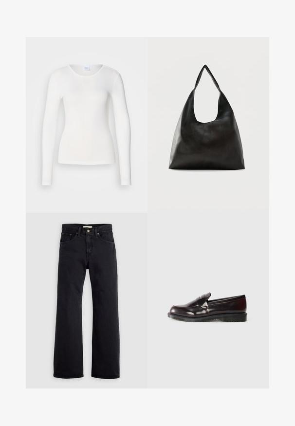 Witte lange mouwen shirt gemaakt van een zachte, gladde stof; heeft een ronde halslijn en een aansluitende vorm, zonder patronen of versieringen.; Zwarte high-waist straight-leg jeans met vooraan knoop- en ritssluiting en een ontwerp met vijf zakken, tegen een effen lichte achtergrond.; Bordeaux leren loafers met een gladde oppervlakte, een verhoogde randdetail en een rubberen zool. Ontworpen met een ronde neus en minimale hardware.; Zwarte schoudertas van glad leer met een brede, enkele band en een nonchalant, minimalistisch ontwerp tegen een effen achtergrond.