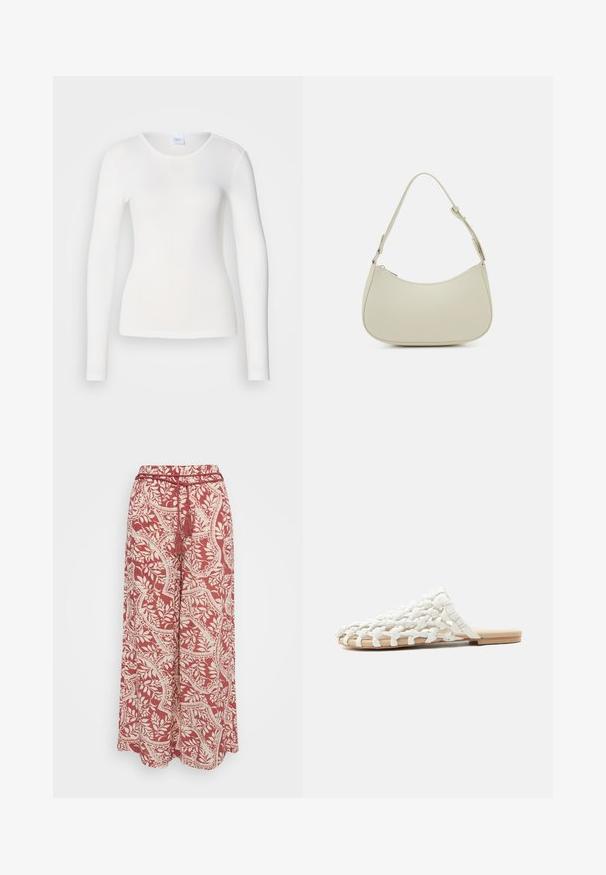 Camisa blanca de manga larga hecha de una tela suave y lisa; presenta un cuello redondo y una forma ajustada, sin patrones ni adornos.; Vero Moda Petite VMBALI WIDE PANTS - Pantalones - marsala; Sandalia blanca tejida tipo slip-on con suela plana de color tostado y parte superior de tela trenzada, diseñada para uso casual.; Pieces PCALUANA SHOULDER BAG - Bolso de mano - birch