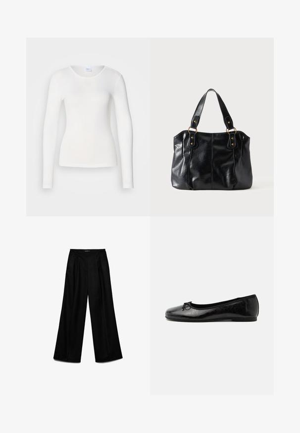 Camisa blanca de manga larga hecha de una tela suave y lisa; presenta un cuello redondo y una forma ajustada, sin patrones ni adornos.; Pantalones anchos negros con pliegues delanteros y bolsillos laterales, de talle alto con cinturilla lisa y cierre oculto.; Bailarina negra brillante de cuero con tacón bajo y pequeño lazo decorativo en la parte delantera, mostrada de lado sobre fondo claro y liso.; Bolso de cuero negro para el hombro con doble asa unida por anillas y remaches dorados, superficie lisa y ligeramente brillante, diseño sencillo.