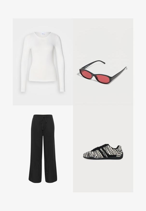 Weißes Langarmhemd aus einem weichen, glatten Stoff; hat einen runden Ausschnitt und eine figurbetonte Passform, ohne Muster oder Verzierungen.; Culture CUNAVI CLARINA - Stoffhose - black; Schwarz-weißer Sneaker mit Schnürung, Zebramuster und texturierter schwarzer Sohle auf einem einfarbigen hellen Hintergrund.; Schwarze ovale Sonnenbrille mit schlanken Bügeln und rot getönten Gläsern, die auf einer weißen Oberfläche liegt.