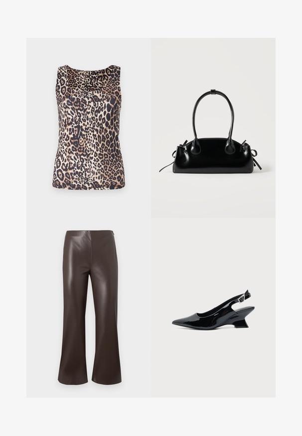 Top sans manches avec un motif léopard dans des nuances de marron et de noir, en tissu léger et doux, avec un col arrondi.; Pantalons évasés en simili cuir marron avec une taille haute et une texture lisse, présentant un design épuré et soigné avec de larges ouvertures de jambe.; Chaussure slingback en cuir verni noir avec bout pointu et petit talon bloc incliné sur fond clair uni.; Petit sac à main noir brillant avec deux longues anses et des détails à cordon sur les côtés sur un fond clair uni.