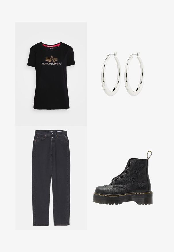 Zwarte katoenen t-shirt met korte mouwen en een ronde hals. Voorzien van een goudkleurig 'ALPHA INDUSTRIES' logo met geometrisch ontwerp.; Zwarte denim broek met rechte pasvorm, voorzien van koperen klinknagels, knoopsluiting en vijf zakken. Schoon ontwerp zonder extra versieringen.; Zwarte leren enkelboot met een gestructureerd oppervlak, ronde neus, vetersluiting, gele stiksels en een dikke, geribbelde zwarte plateauzool.; Zilveren oorbellen in de vorm van een gladde, glanzende ring. Circulaire vorm, voorzien van een veilige sluiting. Eenvoudig en elegant ontwerp.