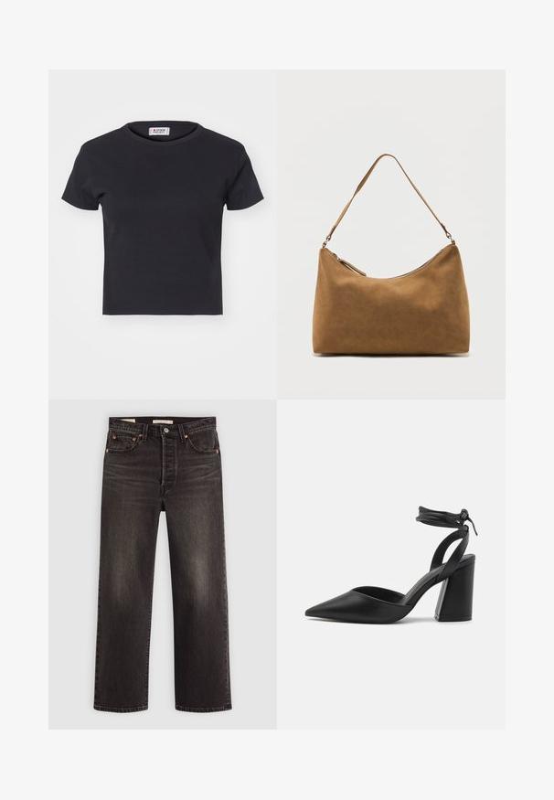 Denim Project DPMDPWRIBBED CROPPED T-SHIRT - Lihtne T-särk - black; Must mustreeritud mustad teksapüksid sirge jala disainiga. Omavad vaskrõngaid ja taskuid. Sile tekstuur ja kergelt kulunud viimistlus.; Mustade terava nina ja struktureeritud plokkninal olevad külluslikud nahast kontsad, millel on sujuv nahk ja reguleeritav pahkluu rihm kindlaks istumiseks.; Pruun seemisest õlakott ühe rihma ja pealmise tõmblukuga, esitatud tavalise valge tausta ees.
