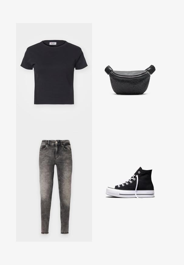 Denim Project DPMDPWRIBBED CROPPED T-SHIRT - Základné tričko - black; Slim-fit sivé prané džínsové nohavice so zapínaním na gombík vpredu, zipsom, piatimi vreckami a surovými lemami na členkoch.; Čierna vysoká plátenná teniska s bielou gumovou podrážkou a bielymi šnúrkami, zobrazená zboku na bielom pozadí.; Čierna dámska kabelka s hladkým koženým vrchom a štruktúrovaným dnom pokrytým striebornými cvokmi, s uzatváraním na zips a dvojitými uchami.