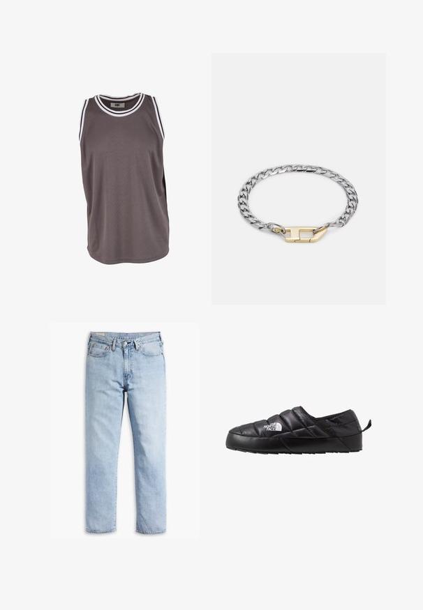 Grå ærmeløs tanktop lavet af mesh-stof, med en rund halsudskæring og hvide accenter samt sidelæger for åndbarhed.; Lyseblå denimjeans med lige ben, fem-lommerstil og robust syning. Har lynlås og metalknap.; Sort slip-on sko med et quiltet design, lavet af polstret materiale. Har en struktureret gummisål og et lille trækstrop bagpå.; Sølv metal kædearmbånd med en poleret gulv clasps, der har et tykt linksdesign og glatte teksturer over overfladen.