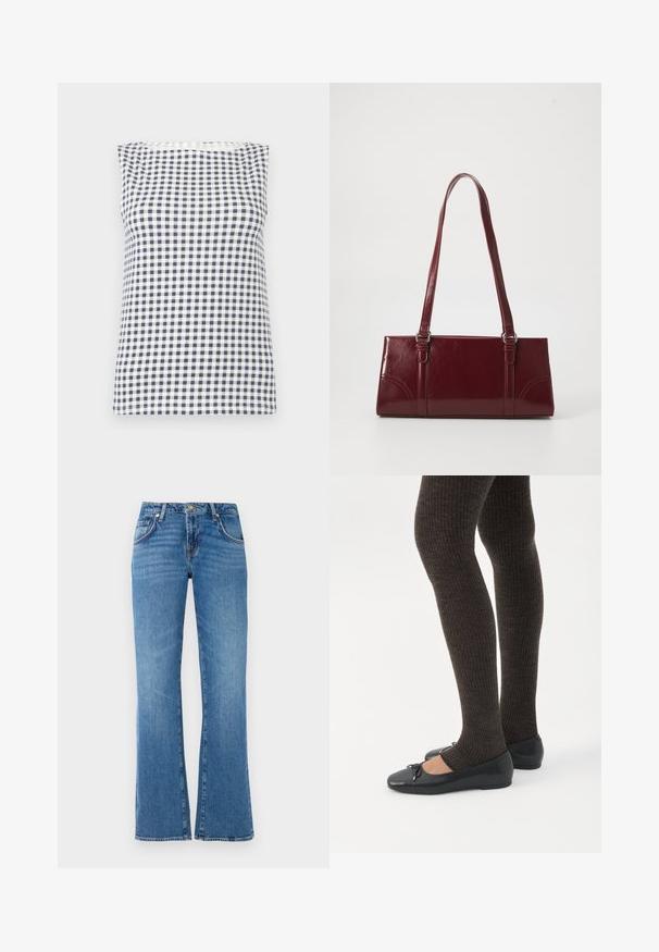 Ærmeløs top med sort og hvid ternet mønster, rund halsudskæring og lige kant.; Lysblå denim jeans med en trompetlårsdesign, der har fem lommer, en knap- og lynlåslukning samt subtile slidmærker.; Ben iført mørke ribbede leggings kombineret med sorte balletsko med små sløjfedetaljer på hvid baggrund.; Bordeaux håndtaske lavet af glansfuldt materiale, rektangulær form, med to skulderremme og subtile buede detaljer på forsiden.