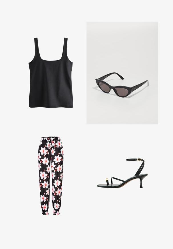 Schwarzes ärmelloses Tanktop mit quadratischem Ausschnitt und breiten Schulterträgern aus glattem Stoff.; Schwarze Stoffhose mit weißem und roten Blumenmuster, elastischem Bund mit Kordelzug und gerafften Bündchen. Leichtes Material.; Schwarze, hochhackige Sandale mit dünnem Knöchelriemen, Zehenriemen mit goldenem Akzent und schlankem, mittelhohem Absatz.; Cat-Eye-Sonnenbrille mit mattem schwarzen Rahmen und dunklen Gläsern, mit "Vogue"-Branding an der Seite und einer markanten, eckigen Form.