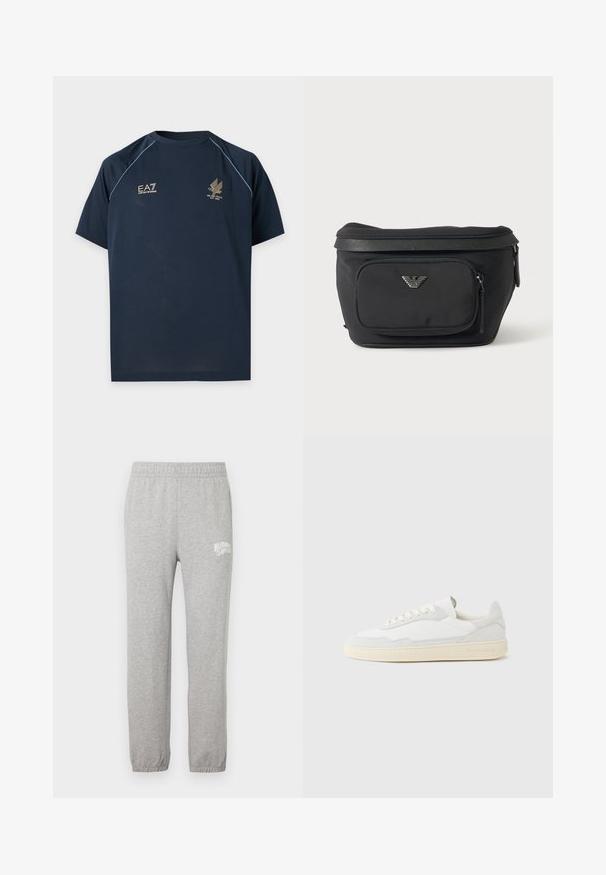 Marineblaues kurzärmeliges Sportshirt mit rundem Ausschnitt, weißen Paspeln auf den Schultern und zwei goldenen Logos auf der Brust.; Graue Baumwoll-Sweatpants mit elastischem Bund und zulaufenden Beinen. Besitzt ein weißes Logo auf dem linken Oberschenkel. Glatte Textur.; Weißer Sneaker mit strukturiertem Obermaterial aus Wildleder und Leder. Verfügt über eine runde Zehenpartie, Schnürverschluss und eine kontrastierende beige Gummisohle.; Schwarze Bauchtasche mit Frontreißverschlusstasche und silbernem Adlerlogo, glattes Gewebe mit strukturiertem Besatz und Reißverschlussanhängern.