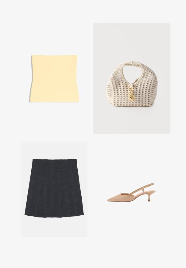 Lysebeige lændestøttepude med en kontureret form designet til at passe til lænden, vist på en hvid baggrund.; Mørkegrå plisseret nederdel med elastisk talje, der har et struktureret stof og en klassisk A-formet silhuet. Velegnet til hverdag.; Spidse nude slingback hæle med en lav kitten hæl, lavet af blankt materiale, med en slank rem og justerbar spænde.; Kremfarvet vævet håndtaske med rund form, kort håndtag og dekorativ guldfarvet lås hængende foran i midten.