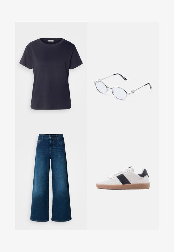 T-shirt en coton bleu marine avec un col rond, des manches courtes et une coupe décontractée. Texture lisse et design minimaliste, sans motifs visibles.; Jean large en denim bleu foncé. Doté d'une taille haute, d'une fermeture à bouton et d'un design classique à cinq poches avec une légère décoloration.; Baskets en daim blanc avec semelle en caoutchouc marron clair et bande en cuir noir ainsi que un onglet au talon, vues de côté sur un fond blanc.; Lunettes ovales en métal argenté avec verres transparents, présentant des accentuations décoratives sur les côtés et des embouts noirs sur les branches pour plus d'adhérence et de confort.