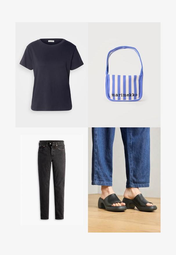 Marineblaues Baumwoll-T-Shirt mit Rundhalsausschnitt, kurzen Ärmeln und lockerer Passform. Glatte Textur und minimalistisches Design, keine sichtbaren Muster.; Schwarze Jeans aus Denim mit geradem Bein, fünf Taschen, kupferfarbenen Beschlägen und einer leicht ausgebleichten Textur.; Schwarze Leder-Mules mit offener Zehenpartie, kurvenförmigem, klobigem Absatz und strukturiertem grauen Sohlen, getragen mit dunkelblauen Jeans auf einem Holzfußboden.; Blau-weiß vertikal gestreifte Stoff-Umhängetasche mit dem in Schwarz auf der Vorderseite eingestickten Schriftzug "marimekko".