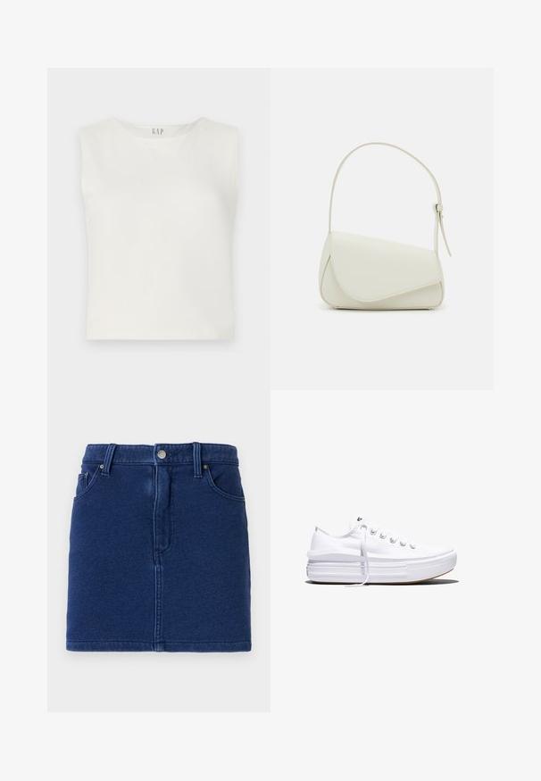 Hvid cropped ærmeløs top lavet af glat stof, med en rund halsudskæring og minimalistisk design med GAP-logoet centreret øverst.; Denimnederdel i dyb blå med et tætsiddende design, frontknaplukning og to sidelommer. Har synlige sømme og en lige kant.; Hvid lavt snørestøvle med tyk plateau-sål, snørelukning foran og gummiforstærket tåkap, set i sideprofil.; Hvid taske i faux læder med en struktureret trekantet form, enkelt justerbart skulderstrop og en flaplås med kurver.