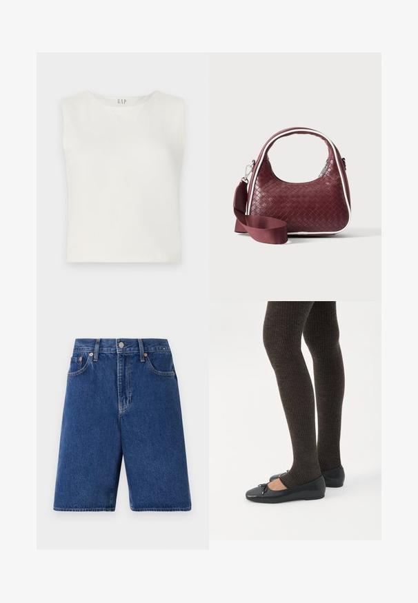 Witte cropped mouwloze top van gladde stof, met een ronde halslijn en een minimalistisch ontwerp met het GAP-logo centraal bovenaan.; Donkerblauwe denim shorts met een klassieke pasvorm, vijf-pocket ontwerp en oranje stiksel. Afgewerkt met een knoop en rits aan de voorkant.; Benen met donkere geribbelde leggings gecombineerd met zwarte ballerina's met kleine strikdetails op een witte achtergrond.; Donkerrode geweven leren handtas met gebogen handvat, witte bies, zilveren rits en afneembare brede stoffen schouderriem tegen een effen achtergrond.