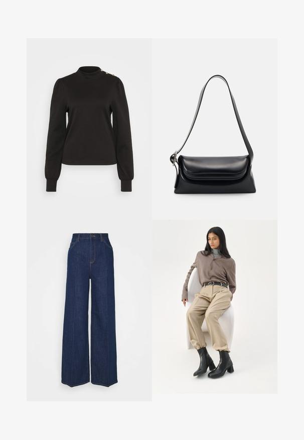 Haut noir à manches longues avec un col haut et des manches bouffantes. Présente des accents de boutons dorés sur une épaule avec une texture lisse et douce.; Jean en denim bleu foncé à taille haute et jambes larges, avec poches avant et arrière, fermeture à bouton et coutures visibles.; Femme aux longs cheveux noirs appuyée sur une chaise blanche courbée, portant un chemisier taupe, un pantalon beige, une ceinture noire et des bottines noires à talons.; Sac à main en cuir noir avec une forme structurée, une texture lisse et une seule bandoulière. Présente un design de rabat arrondi et subtil.