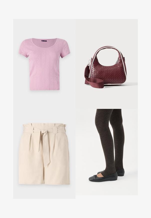 T-shirt rose à manches courtes avec un col rond, présentant une texture à côtes verticales et des motifs en forme de losange. Fabriqué en matière légère et extensible.; Shorts beiges ajustés en tissu léger, dotés d'une ceinture, de plis et d'une coupe droite.; Jambes portant des leggings côtelés foncés associés à des ballerines noires avec de petits détails en nœud sur fond blanc.; Sac à main en cuir tressé marron foncé avec poignée courbée, garniture blanche, fermeture éclair argentée et bandoulière large en tissu amovible sur fond uni.