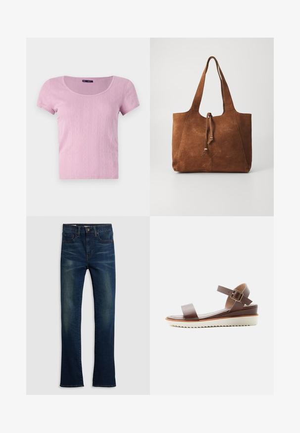 T-shirt rose à manches courtes avec un col rond, présentant une texture à côtes verticales et des motifs en forme de losange. Fabriqué en matière légère et extensible.; Jean en denim bleu foncé avec une coupe droite, style cinq poches et un léger délavage à l'avant.; Sandale en cuir marron avec bride à la cheville et boucle dorée, semelle intérieure matelassée et semelle extérieure épaisse en caoutchouc blanc avec grip rainuré.; Sac fourre-tout en daim marron avec deux longues poignées, fermeture à cordon et texture lisse. Présente un design simple et des accents minimaux.