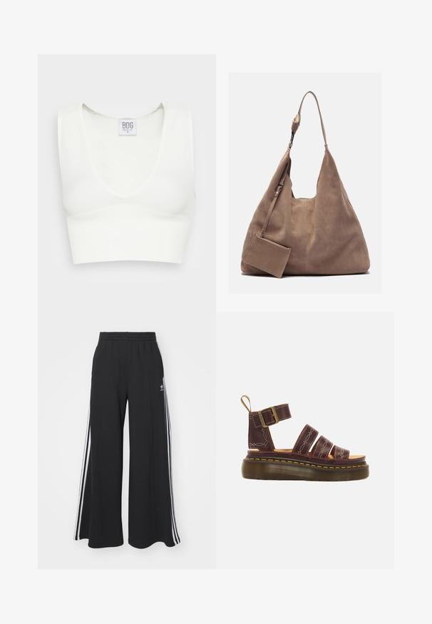 Biely rebrovaný crop top s hlbokým výstrihom do V a širokými ramennými popruhmi. Viditeľná etiketa s názvom značky "BDG" a veľkosťou "S." Hladká textúra.; Čierne nohavice s širokými nohavicami a elastickým pásom, s tromi bielymi pruhmi po vonkajších stranách a malým logom vpredu.; Tmavohnedá kožená platformová sandála s členkovým popruhom, mosadznou prackou, žltým prešitím a hrubou ryhovanou podrážkou.; Zign Veľká kabelka - light brown