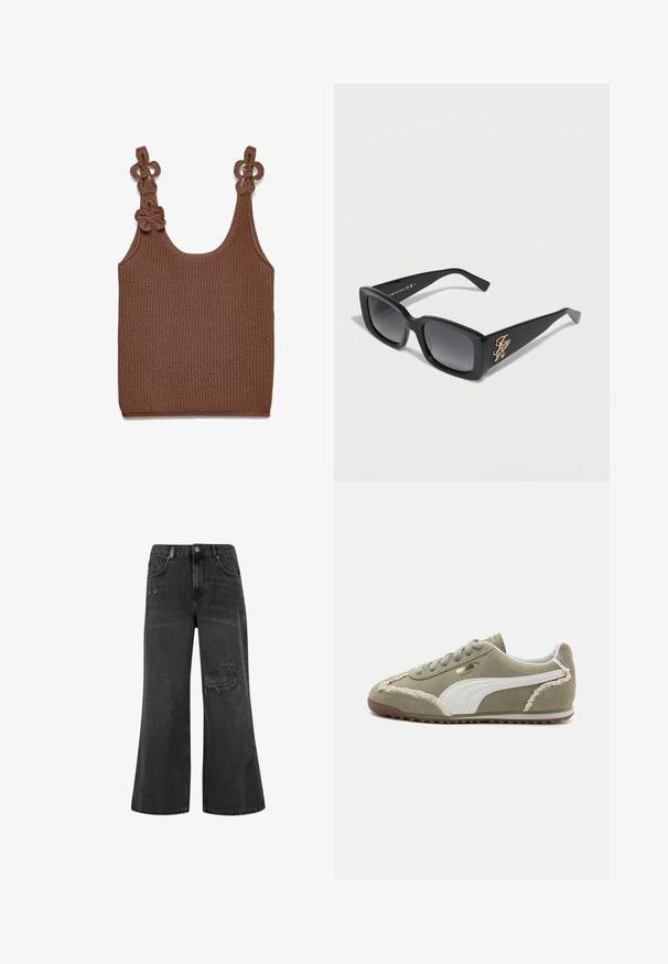 Haut marron crochet sans manches avec encolure dégagée et boucles florales décoratives sur les bretelles.; Jean noir à jambe large en denim avec des détails déchirés et une taille haute, doté d'une fermeture à bouton et braguette.; Baskets en daim vert avec des accents en cuir blanc, coutures texturées, laçage à l'avant et semelle en caoutchouc. Présente des détails de design uniques sur les côtés.; Lunettes de soleil rectangulaires noires avec verres foncés et logo doré "TH" sur les branches, présentées sur un fond clair uni.