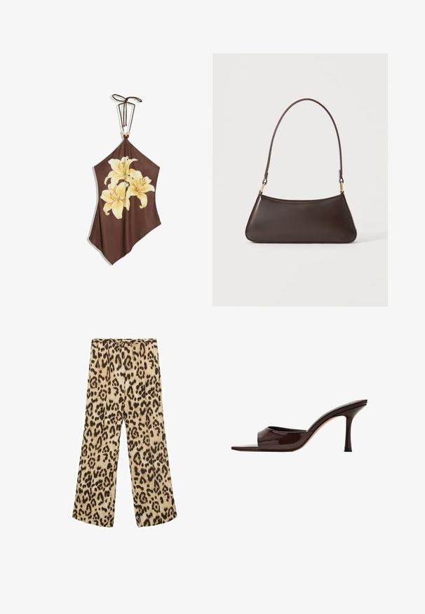 Brun haltertop med tre store lysegule liljer trykt på fronten og et bindebånd med perler i nakken.; Betræksbukser med leopardmønster i beige og brun, med snøre i taljen, glat stof og en afslappet pasform.; Mørkebrun laklæder mule med åben tå, bred rem og slank høj hæl på hvid baggrund.; Mørkebrun læderhåndtaske med en buet toplynlås og en tynd skulderrem med guldfarvede låse på en ensfarvet baggrund.