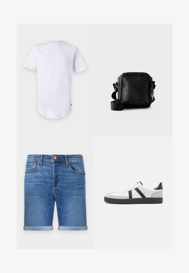 Hvid kortærmet t-shirt lavet af bomuld. Rund halsudskæring med en buet kant. Etiket synlig på nederste venstre side. Glat tekstur.; Denim shorts i en mellemmel tone med opkrøllede manchetter, fem-lomme design, messingknaplukning og kontraststing.; Hvide sneakers med sorte og grå detaljer, med en tekstureret grå tåhætte, sort gummisål og flade hvide snørebånd. Rent design, minimalistisk stil.; Sort kompakt crossbody taske med front lynlåslomme, justerbar rem og tekstureret stof mod en ensfarvet baggrund.