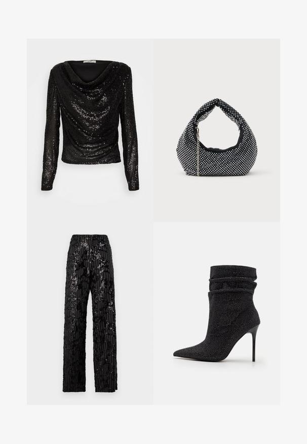 JDY JDYCARMEN GLITTER FALL BLOUSE - Langærmet T-shirt - black; Sorte, paljetterede bukser med bred benvidde og en struktureret overflade, der har lodrette striber og en afslappet pasform, hvilket giver et glimrende udseende.; Sort ankelstøvle lavet af tekstureret stof med en slouchy design, spids tå og en glinsende stiletto hæl. Har skinnende detaljer.; Sort mesh håndtaske prydet med sølvnitter, udstyret med et buet håndtag og en kædetraspe. Blød tekstur med en rund form.