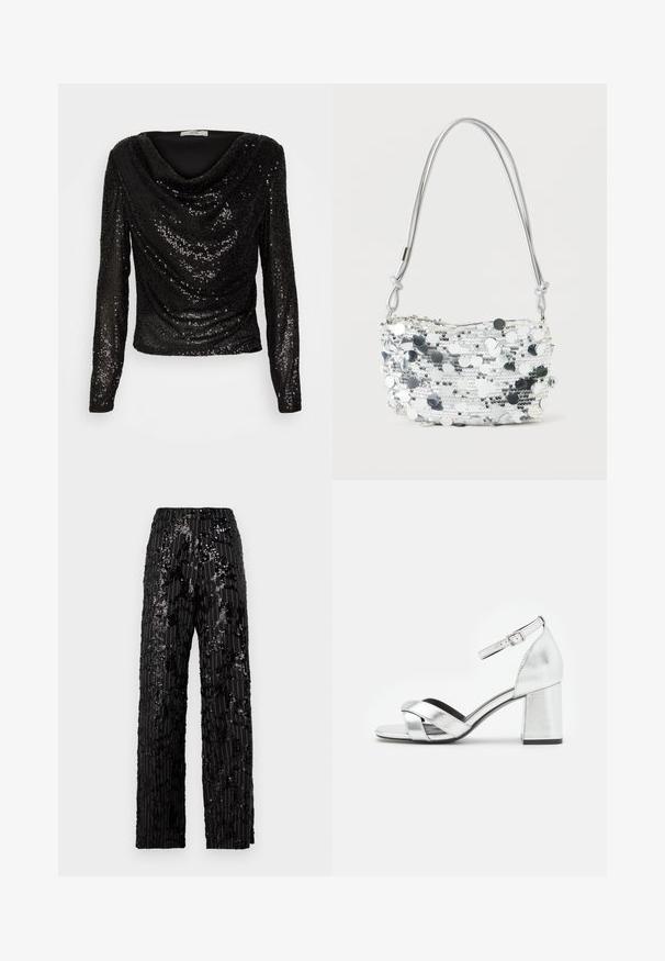 JDY JDYCARMEN GLITTER FALL BLOUSE - Langærmet T-shirt - black; Sorte, paljetterede bukser med bred benvidde og en struktureret overflade, der har lodrette striber og en afslappet pasform, hvilket giver et glimrende udseende.; Sølvmetallic højhælede sandaler med blokhæle, der har krydsspor på stropperne og ankelspænde for en sikker pasform. Glat overflade.; Sølvglitrende håndtaske med rund form, lynlåslukning og en tynd metallisk rem. Har reflekterende cirkulære accenter og tekstureret overflade.