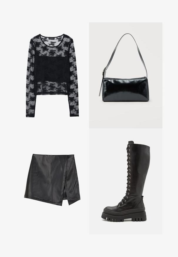 Zwarte lange mouwen top met een doorschijnend mesh ontwerp. Bevat een bloemenstructuur overlay en een solide stoffensectie in het midden. Stylisch en lichtgewicht.; Even&Odd by Zalando Minirok - black; Steve Madden CARINA - Plateaulaarzen - black; Zwarte rechthoekige schoudertas met een enkele verstelbare band en een bovenste ritssluiting op een effen achtergrond.