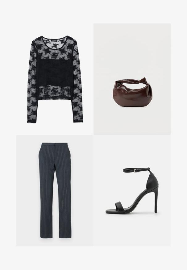 Sort langærmet top med en gennemsigtig meshdesign. Har et blomsterstrukturoverlag og en solid stoffsektion i midten. Stilfuld og let.; Mørkeblå bukser med lodrette striber, skræddersyet design, glat tekstur, lige ben og standard talje.; Sort højhælet sandal med et sleek design, der har en ankelrem, åben tå og glat lædertekstur.; Mørkebrun læder skuldertaske med en blød, afslappet form og et snoet knudehåndtag på en ensartet hvid baggrund.