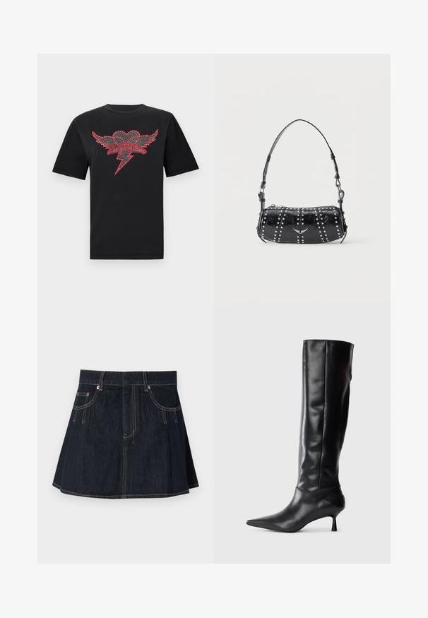 Sort bomuld T-shirt med et design af et hjerte med vinger pyntet med røde og hvide rhinsten samt et lyn-symbol.; Denimnederdel i mørkeblå, med en flagrende design, bæltestropper, forvægspockets og kontraststing langs sømmene.; Sorte læder knæhøje støvler med spids tå og slank buet hæl. Glat tekstur, tætsiddende design og ingen synlig hardware eller mønstre.; Sort skuldertaske i laklæder med sølvnitter i lodrette rækker og et lille sølvfugleemblem midt på fronten.