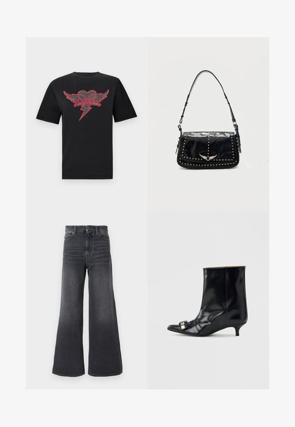 T-shirt en coton noir avec un motif de cœur ailé orné de strass rouges et blancs et un détail d'éclair.; Jean denim gris foncé à jambes larges avec taille mi-haute, design à cinq poches et texture délavée avec des détails subtils de plis.; Bottine en cuir noir avec bout pointu, petit talon kitten bas et boucle décorative en argent sur le côté près de l'orteil.; Sac à épaule en cuir noir avec des clous argentés et un emblème métallique ailé sur le rabat avant sur fond uni.