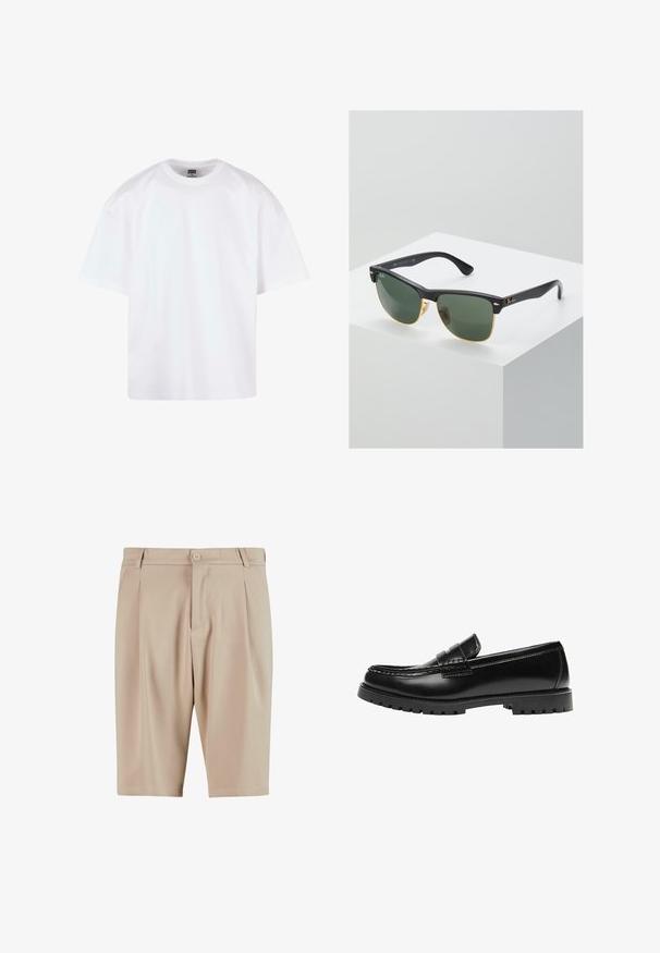Hvid kortærmet t-shirt med rund hals, lavet af bomuldsmateriale, der har en afslappet pasform og minimale syningsdetaljer.; Beige skræddersyede shorts med plisseringer, der har en knaplukning og klassisk design. Glat tekstur, knælængde og ingen synlige lommer.; Sort læderloafer med en kraftig gummisål og klassiske penny-strap detaljer, vist fra ydersiden.; Ray-Ban solbriller med grønne linser, sorte plastikstel og gyldne detaljer ved kanterne. Firkantet form med mat finish.