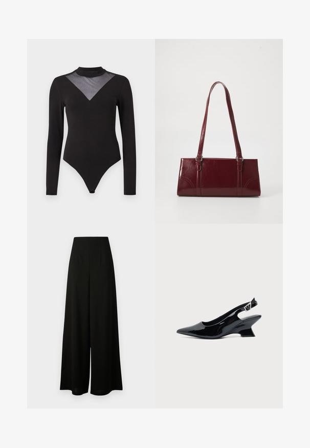 Schwarzer Langarm-Bodysuit mit hohem Kragen und transparenter Netz-V-Panel, das auf der Brust mit kleinen Funkeln verziert ist.; Vero Moda Tall VMLIVA SUPER WIDE PANTS - Stoffhose - black; Schwarzer Slingback-Schuh aus Lackleder mit spitzer Spitze und niedrigem, schrägem Blockabsatz auf einfachem hellem Hintergrund.; Burgunderfarbene Handtasche aus glänzendem Material, rechteckige Form, mit zwei Schulterriemen und subtilen, geschwungenen Akzenten an der Vorderseite.