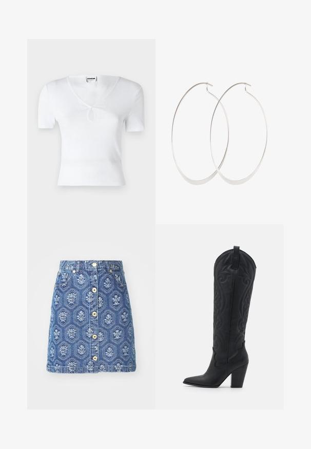 Weißes, geripptes Kurzarmoberteil mit V-Ausschnitt und einer zentralen Schlüssellochöffnung. Enganliegende Passform, glatte Textur und minimalistisches Design.; Denimrock mit einem blauen Blumenmuster, ausgestattet mit einem Verschluss vorne mit Knöpfen und Taschen, in A-Linie geschnitten und mit kontrastierenden Nähten.; Zign LEATHER - Cowboy-/Bikerboot - black; Silberne Creolen mit einem dünnen, glatten Design; länglich-ovale Form; polierte Oberfläche; ausgestattet mit einem sicheren Hakenverschluss.