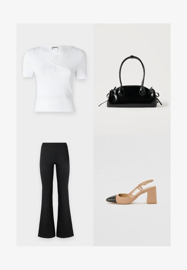 Top blanco de manga corta con textura acanalada, escote en V y detalle de ojal central. Forma ajustada, textura suave y diseño minimalista.; Pantalones acampanados negros hechos de una tela suave y elástica. Cuentan con una cinturilla alta y dobladillos acampanados para un ajuste ceñido. Diseño sencillo.; Zapato slingback beige con puntera negra, tacón cuadrado alto y dos correas decorativas, fabricado en material suave.; Pequeño bolso negro brillante con dos asas largas y detalles de cordón lateral sobre un fondo claro liso.