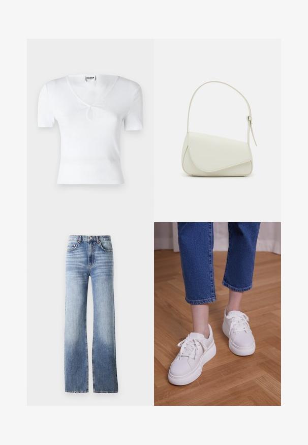 Valge ribaga lühikeste varrukatega särk V-kaeluse ja keskel asuva võtmeauguga detailiga. Kitsas lõige, sile tekstuur ja minimalistisch disain.; Heledad sinise denimi teksad, kõrge vöökoht, laia jala lõige ja pehme kulumine. Omab nööpide sulgemist ja viit taskut.; Jalad, mis kannavad lühendatud siniseid teksapükse ja valgeid paeltega platvormtossusid, seisavad helel puidust põrandal.; Valge kunstnahast käekott, millel on struktureeritud kolmnurkne kuju, üks reguleeritav rihm ja kõverjooneline klapp.