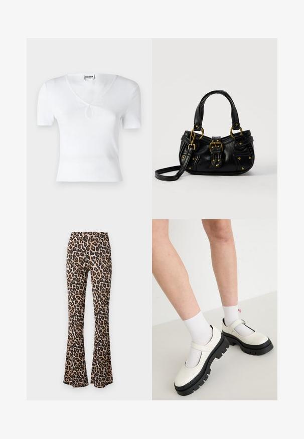 Top blanco de manga corta con textura acanalada, escote en V y detalle de ojal central. Forma ajustada, textura suave y diseño minimalista.; Pantalones acampanados de estampado de leopardo en tono marrón y negro, hechos de una tela suave con una textura lisa, con una cintura ajustada y un dobladillo acampanado.; Zapatos Mary Jane de cuero blanco brillante con una suela negra gruesa, que cuentan con una correa en el empeine y se llevan con calcetines blancos.; Bolso de cuero negro con hebilla y detalles de remaches dorados, asas cortas y una correa de hombro ajustable sobre un fondo blanco liso.