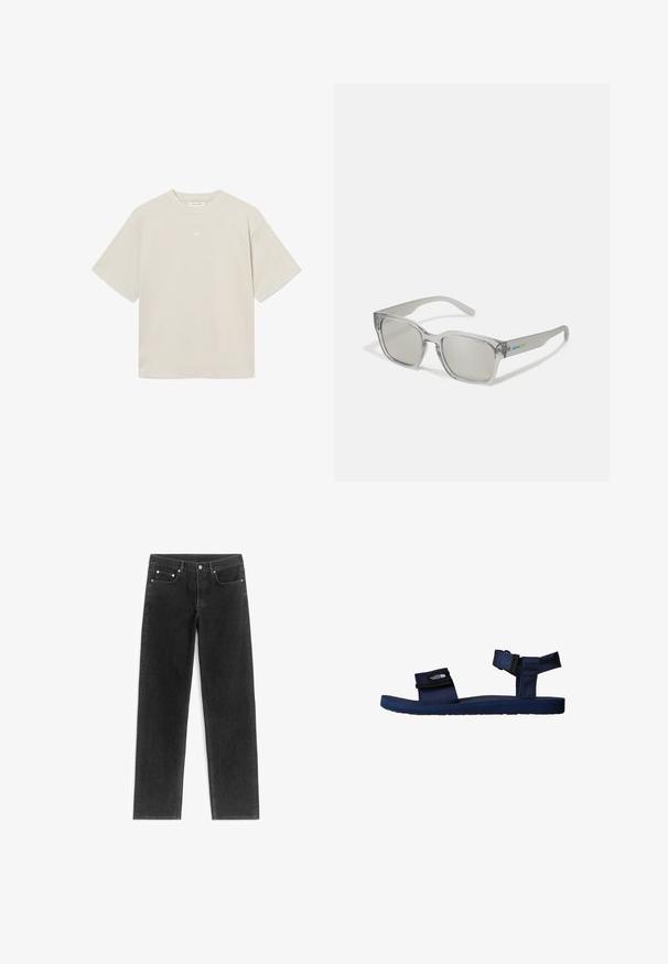 Hellbeiges kurzärmeliges Baumwoll-T-Shirt mit Rundhalsausschnitt und kleinem, weißem, erhabenem "Wood Wood"-Logo in der Mitte der Brust.; Schwarze Jeans aus Denim mit geradem Schnitt, Fünf-Taschen-Design, silbernen Hardware-Elementen und sichtbaren Nähten. Glatte Textur über die gesamte Oberfläche.; Navyblaue Sandale mit Stoffriemen und verstellbaren Klettverschlüssen; strukturierte Gummisohle; minimalistisches Design.; Arnette HAMIE - Sonnenbrille - light grey/silver-coloured